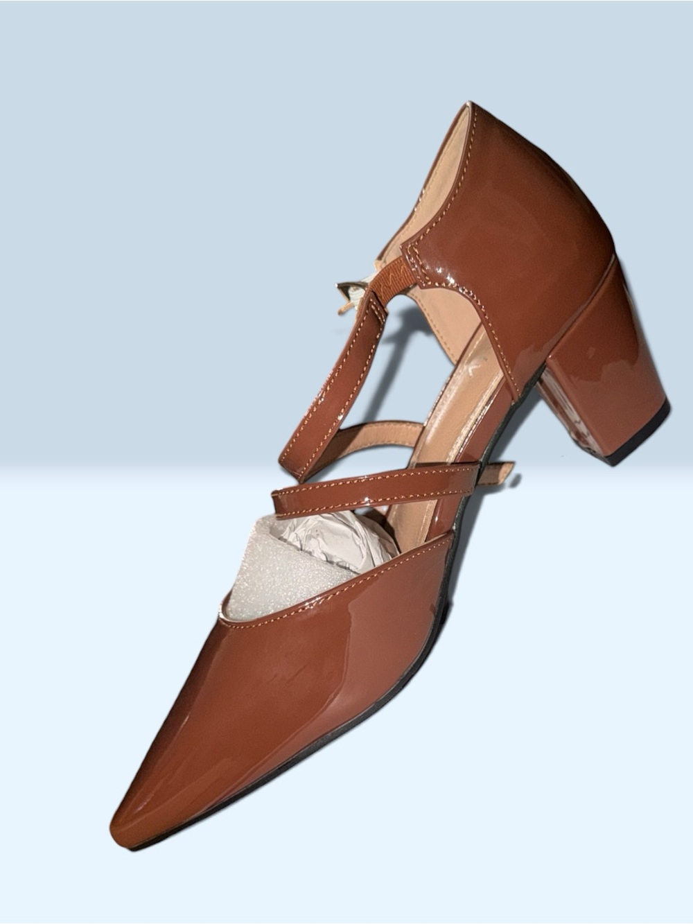 Patent Leather Pointed Mary Jane Pumps - Brown